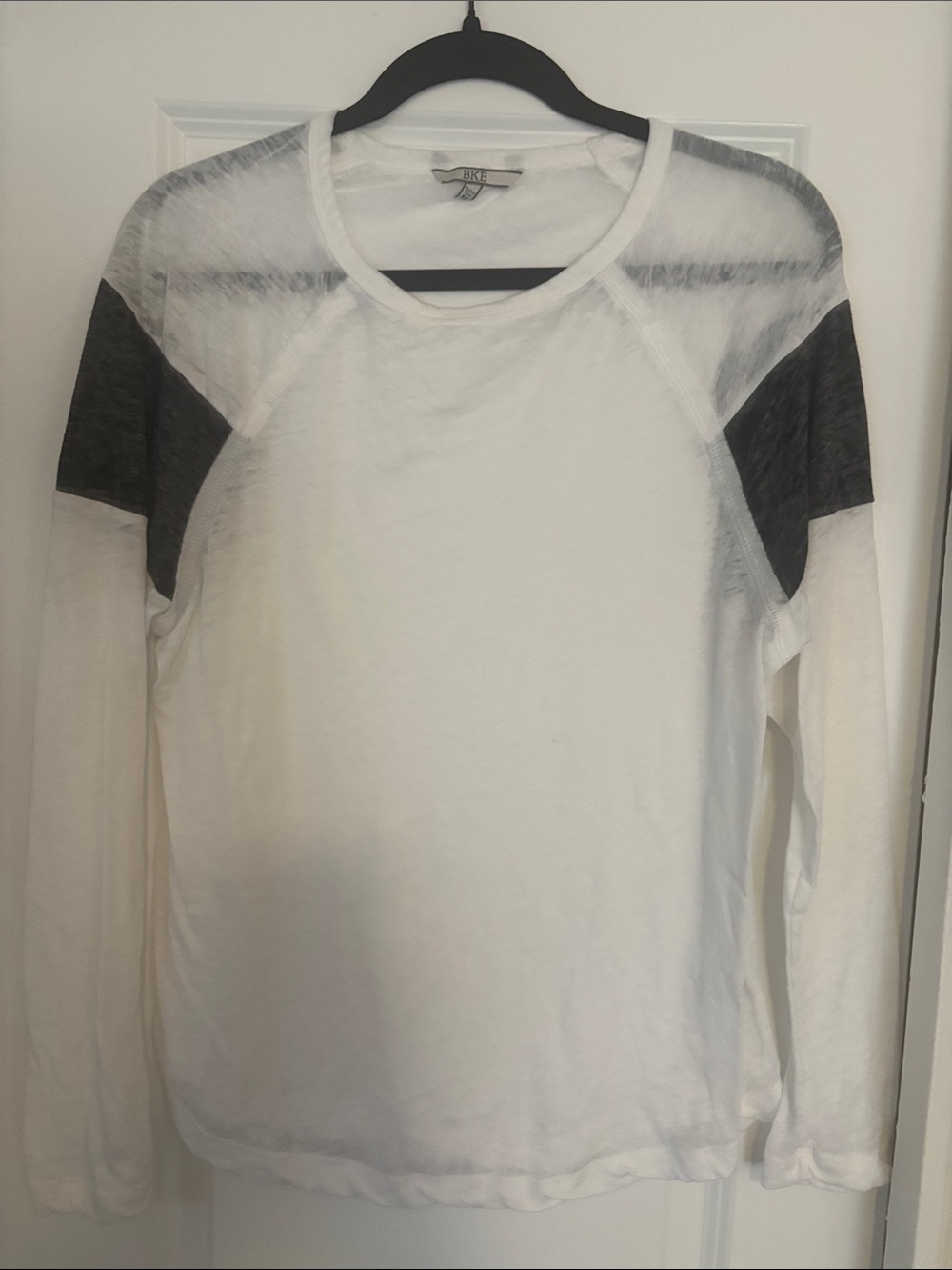 BKE White Long Sleeve Tee with Dark Gray Shoulder Panels